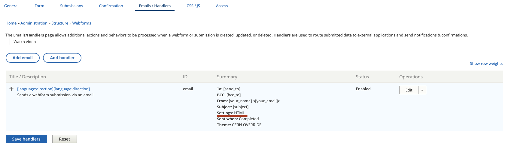 Webform handler with HTML settings