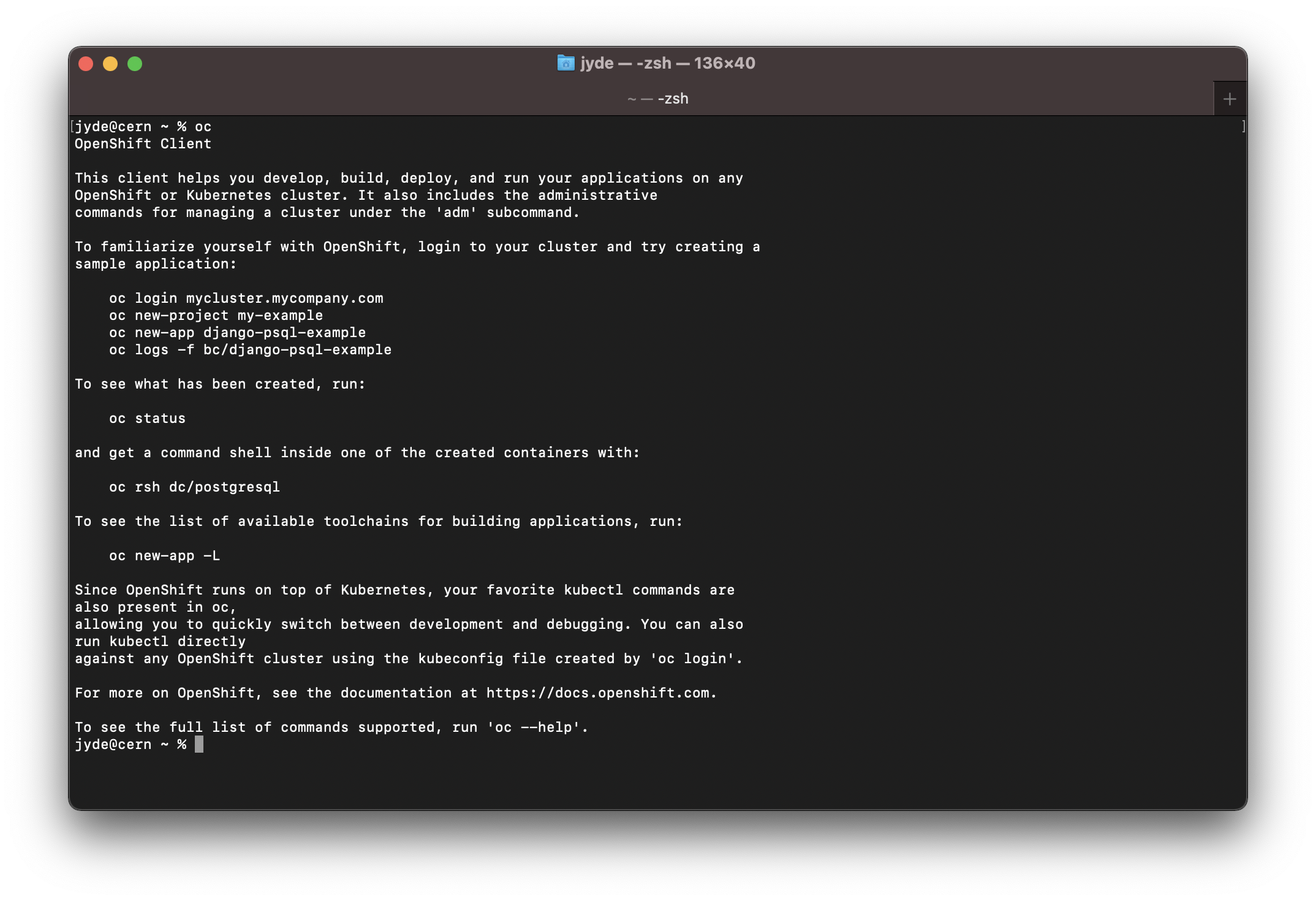 A MacOS terminal window running oc.