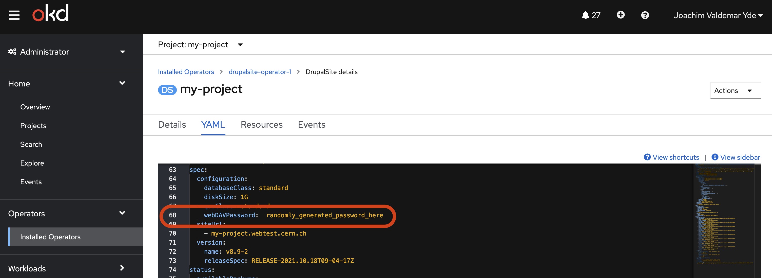 Copying the WebDAV password via the OpenShift interface.